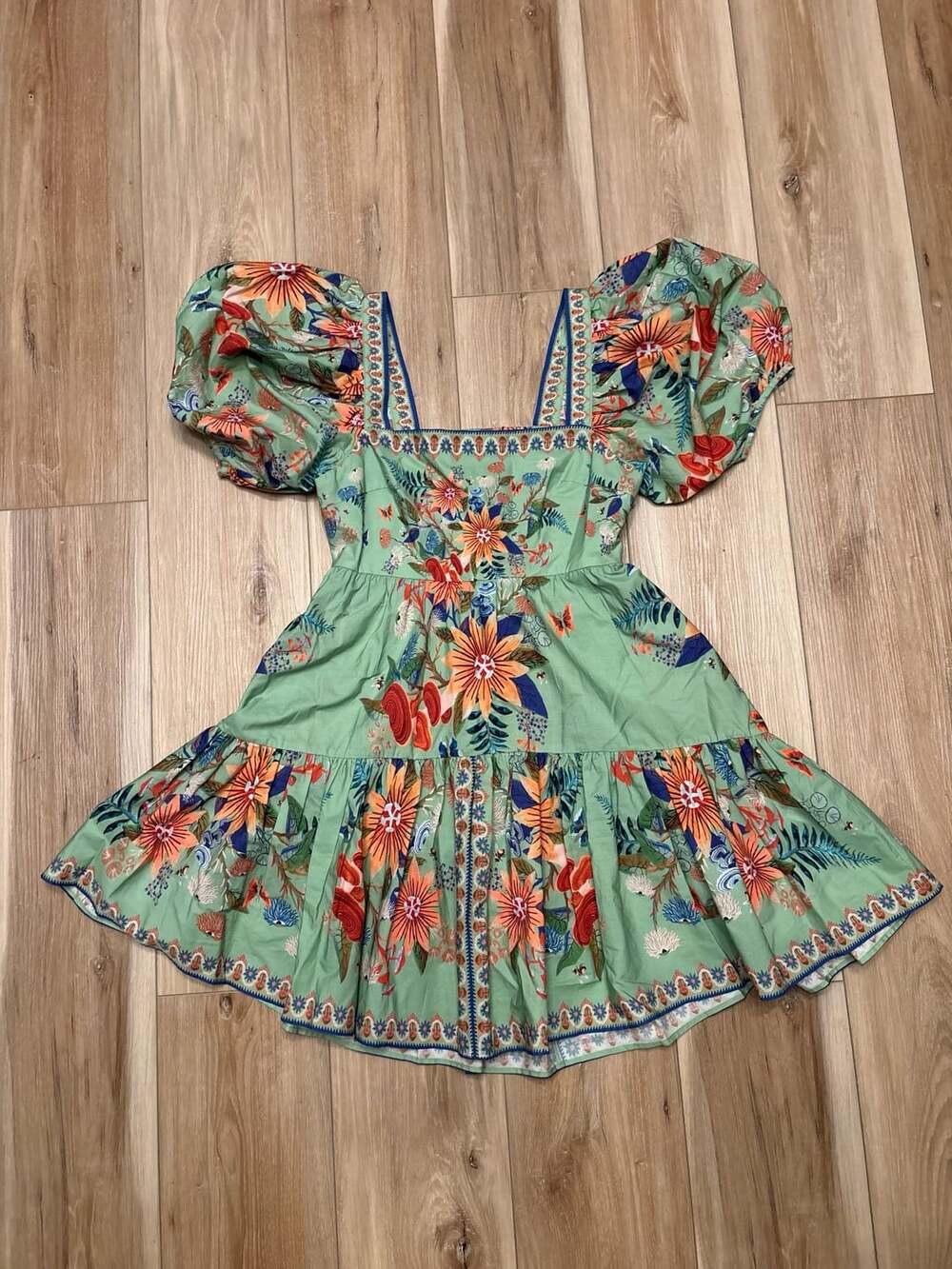 Farm Rio Mini Dress Size XS Green Floral Print Cotton Poplin Puff Sleeve
